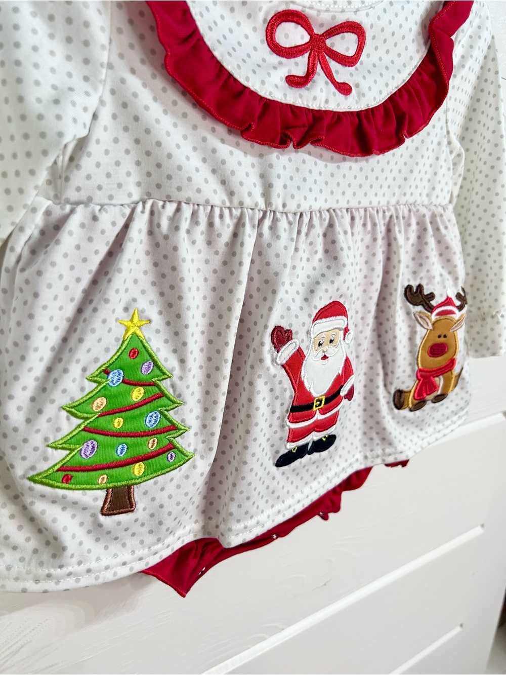 Girls' Holiday Tree & Santa Appliqué Dress - Red Accents